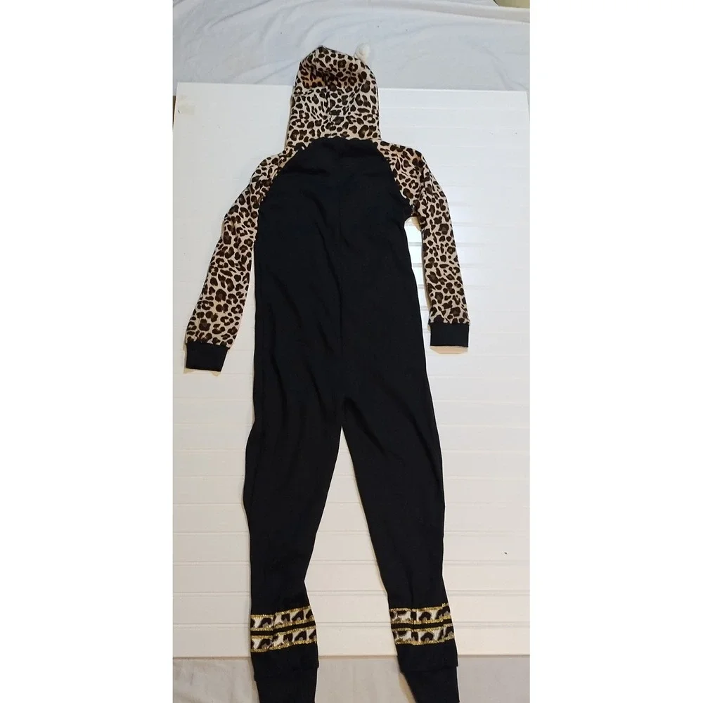 Delias Girl Kids 10 12 Black Leopard Print Love Sherpa Hooded‎ One Piece Pajamas